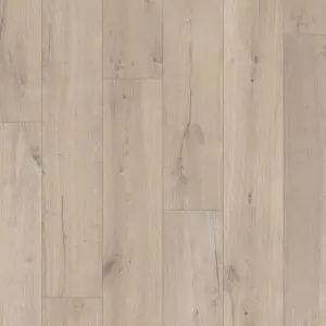 An image of the Soft Oak Light Luxury Vinyl flooring, a beige colour swatch from Belgotex’s Quick Step Laminate Collection.